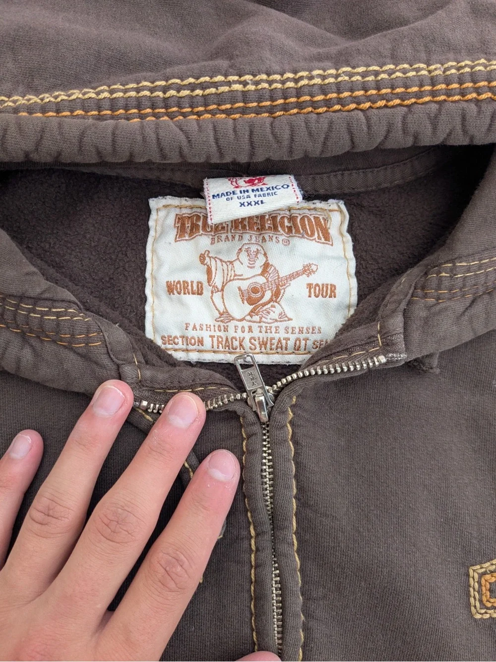 True Religion Brown Hooded Zip Sweatshirt with Contrast Stitching